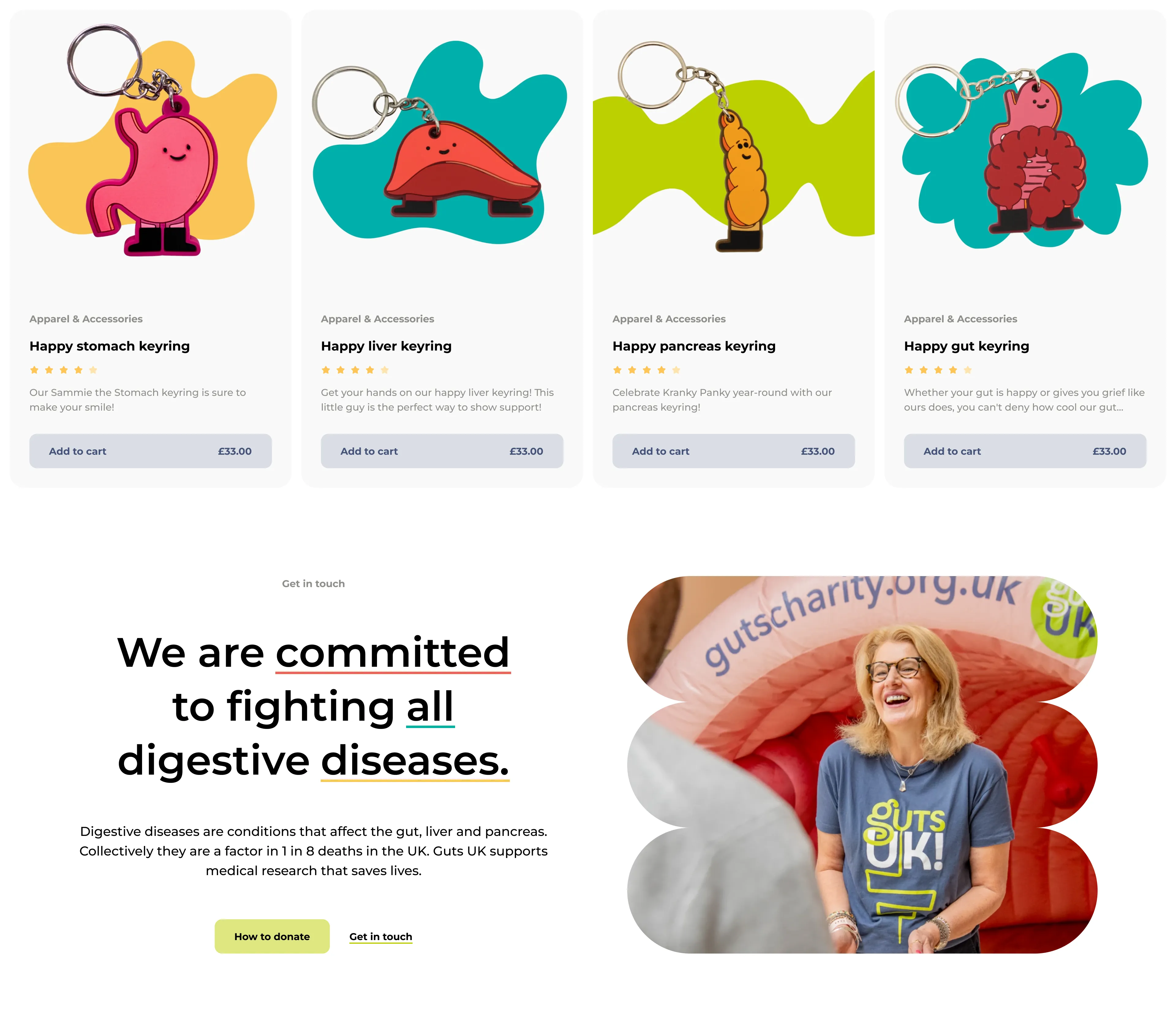 Category listing showing four gut health support cushion and t-shirt cards above a 'We are committed to fighting all digestive diseases' donation section