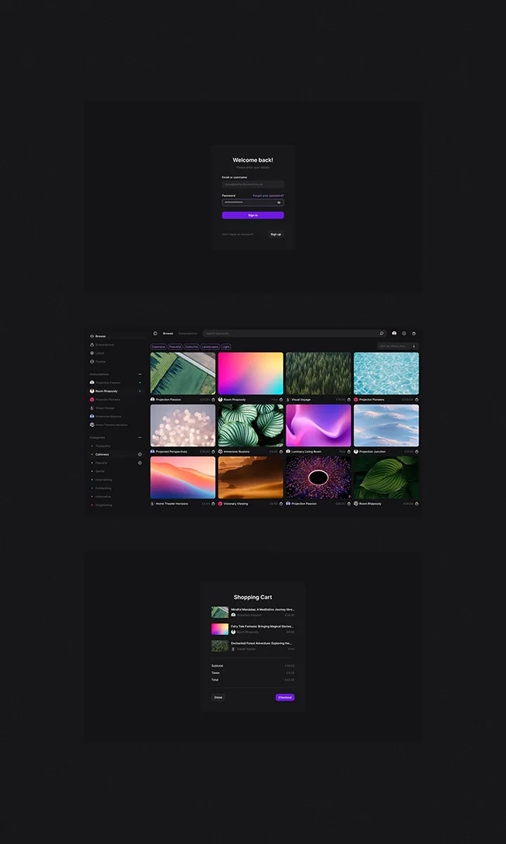 Screenshots of a recently completed web app