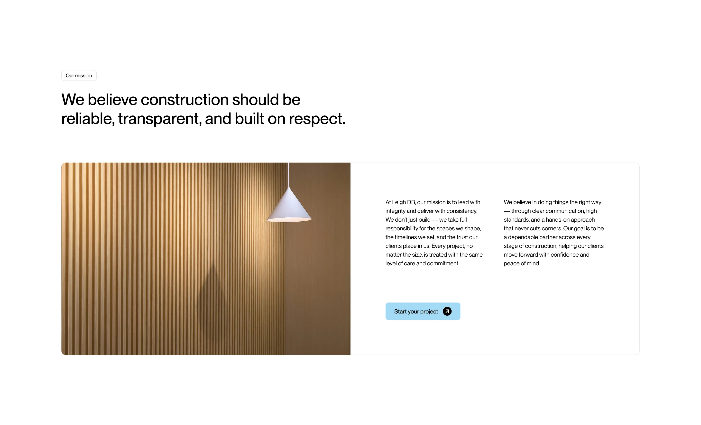 Mission statement section with architectural photography and CTA button
