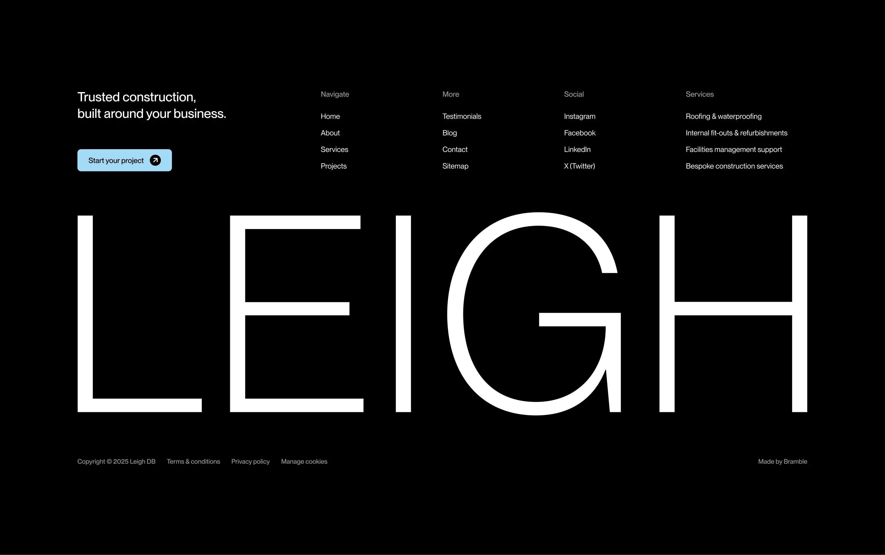 Website footer with bold LEIGH branding and multi-column navigation