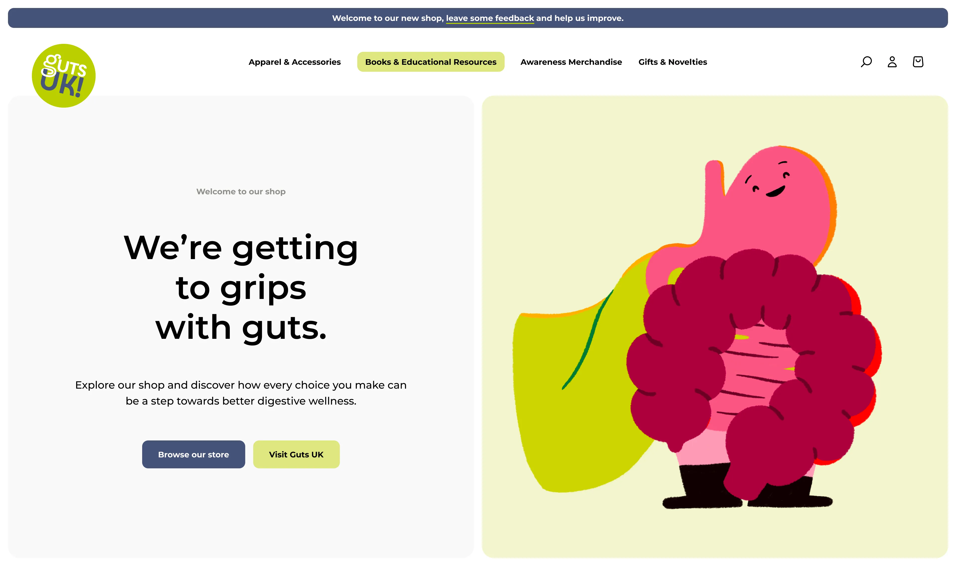 Guts UK homepage hero featuring the 'We're getting to grips with guts' headline alongside a playful stomach and intestine illustration