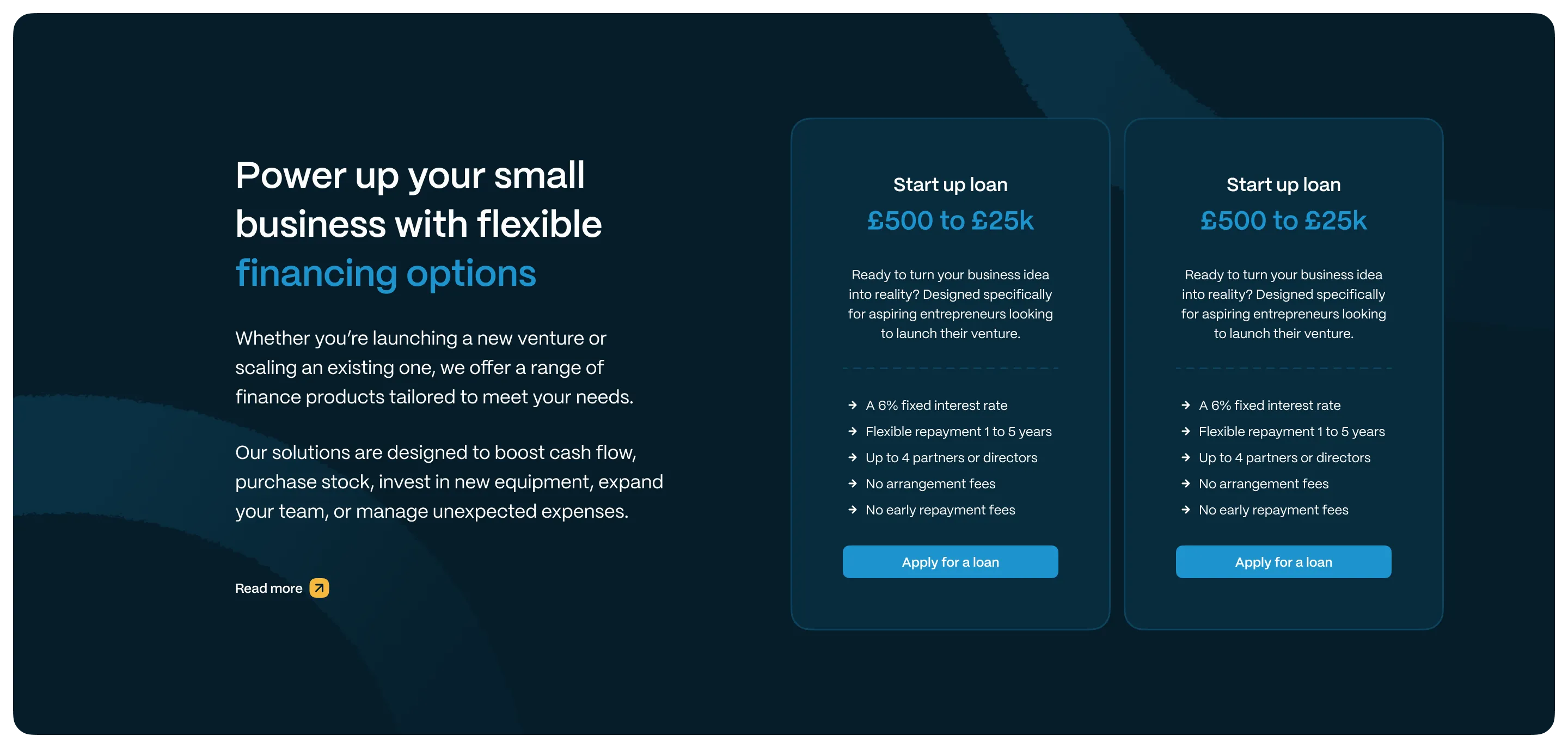 A section with two featured loans and a heading a pararagraph explaining those loans