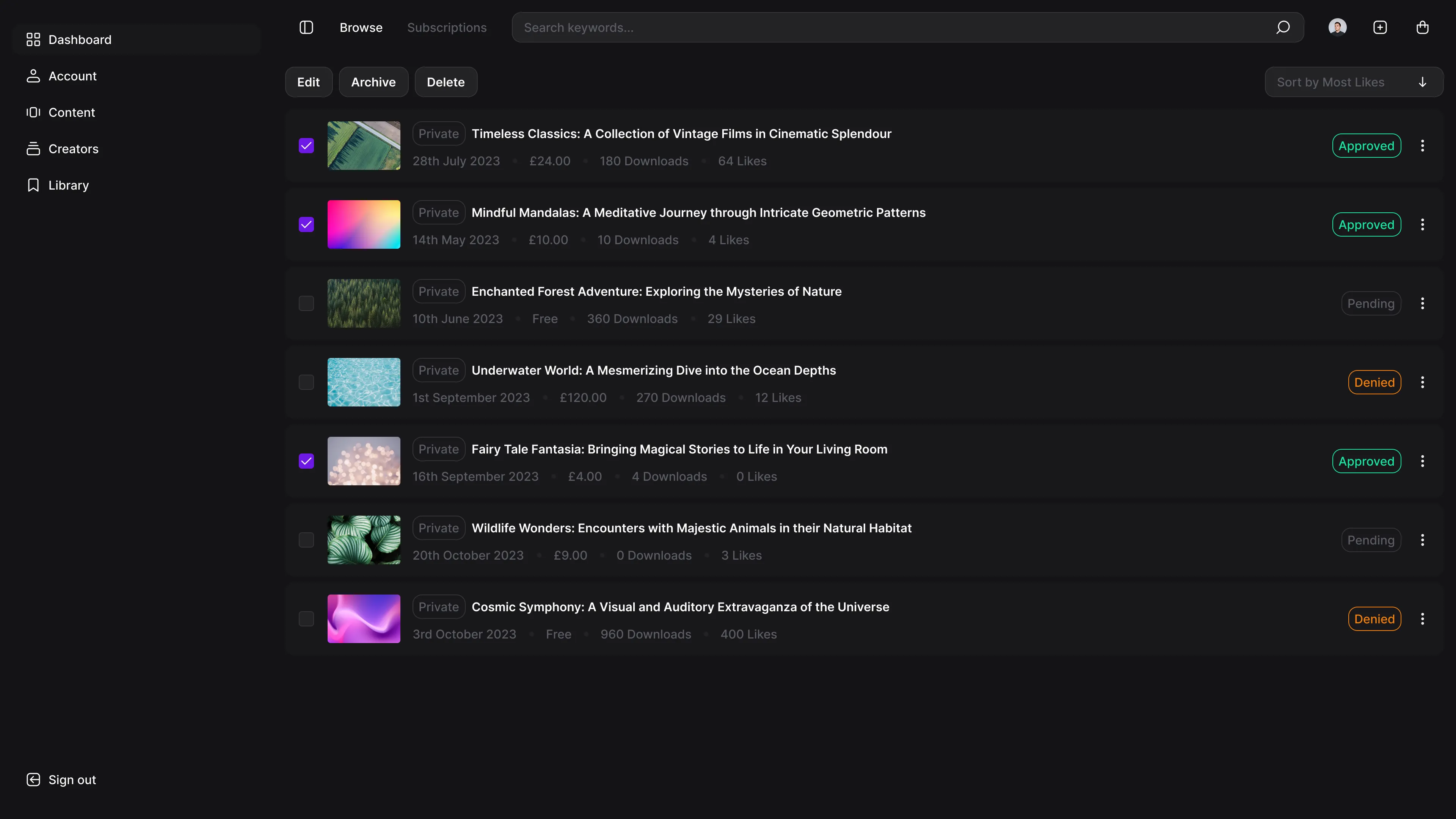 A list of uploaded immersive rooms, where you can edit arcive and delete