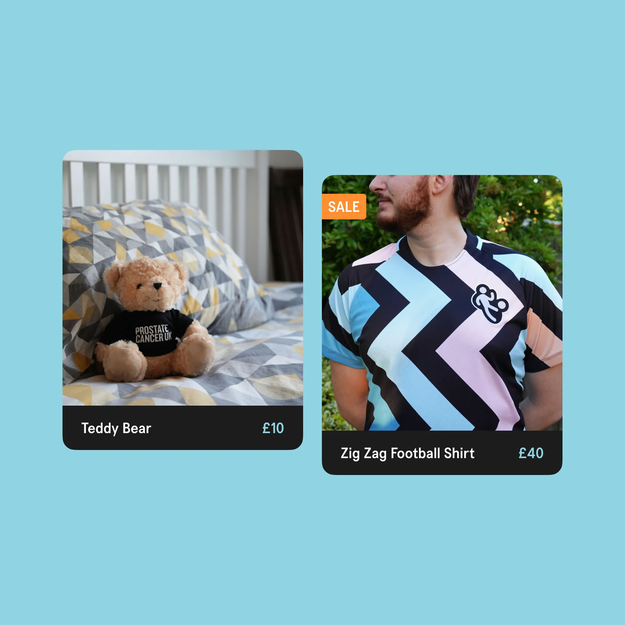 Two product images from the PCUK shop, including a teddy bear at £10 and a zig zag football shirt at £40 which is on sale