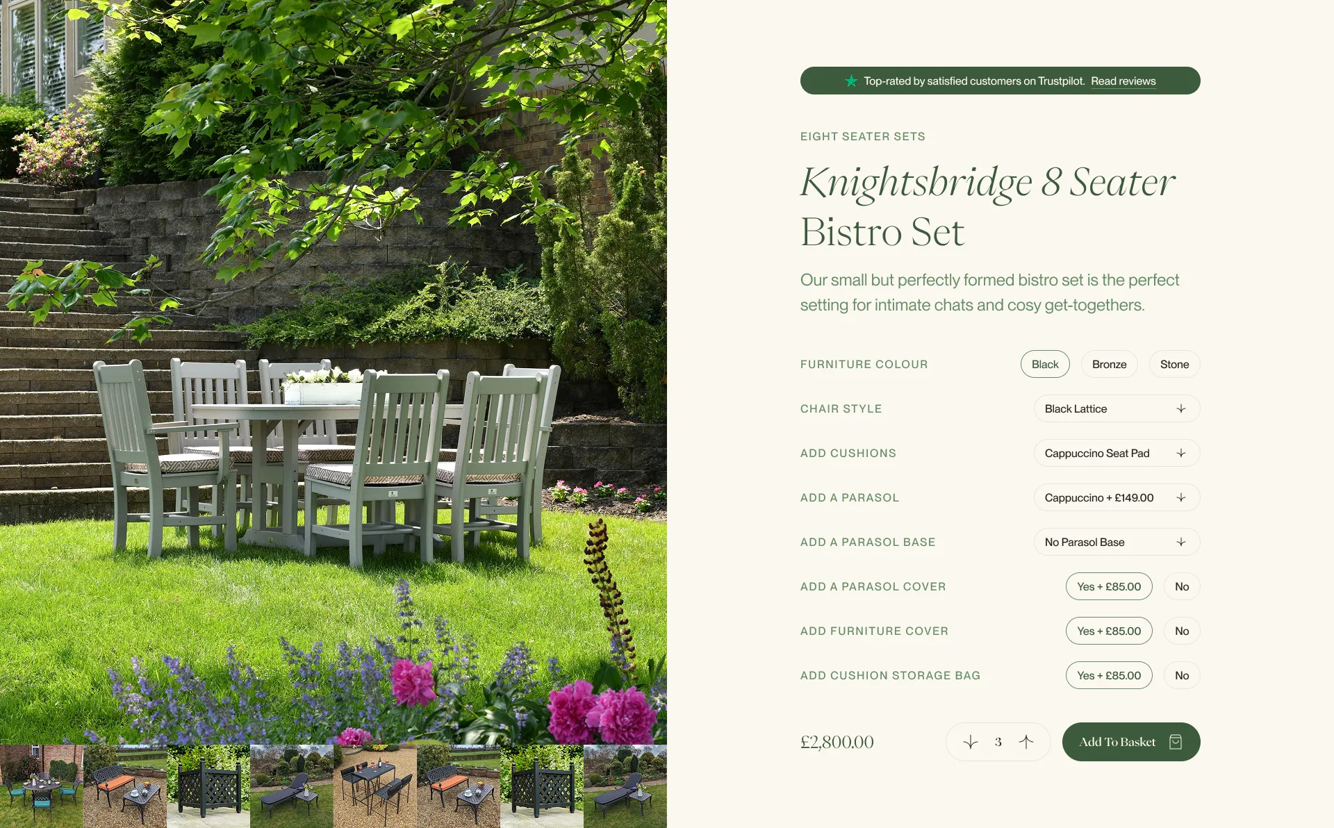 Outdoor furniture configurator showing wooden table and chairs with customisation options.