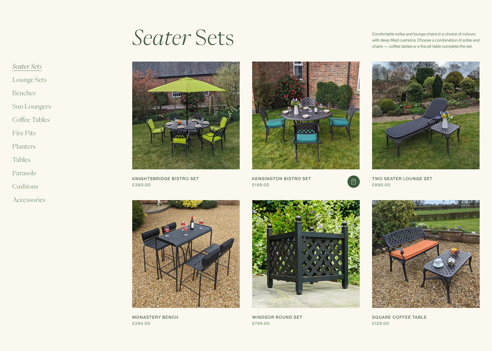 A screenshot of the product filter and product display on the Four Seasons website