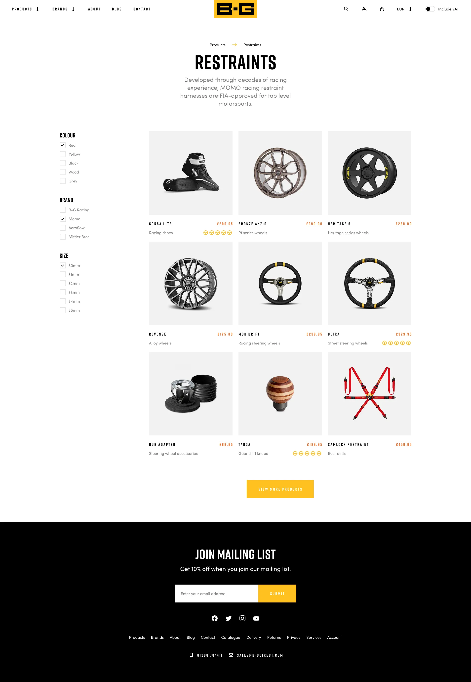 3-column racing gear grid with filters on left and mailing list signup below.