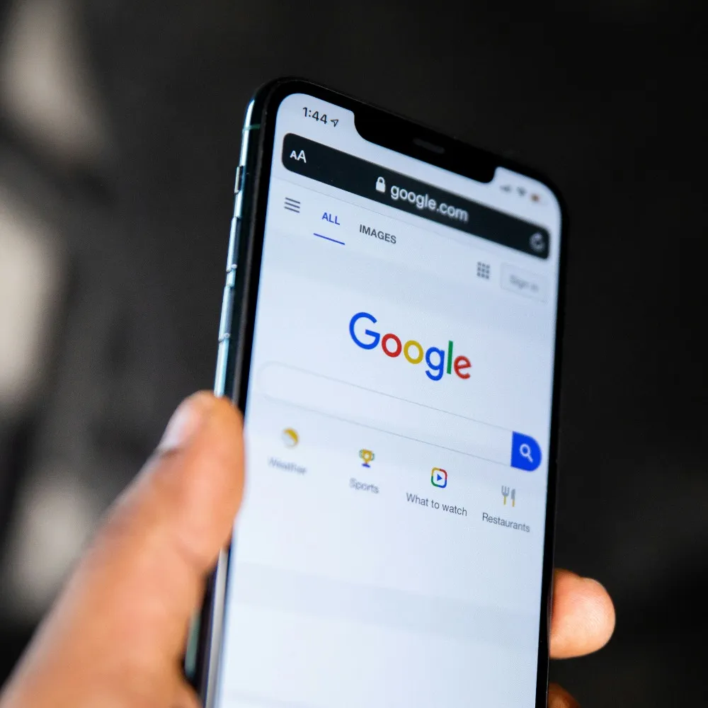 A person holding a mobile phone with the google browser open.