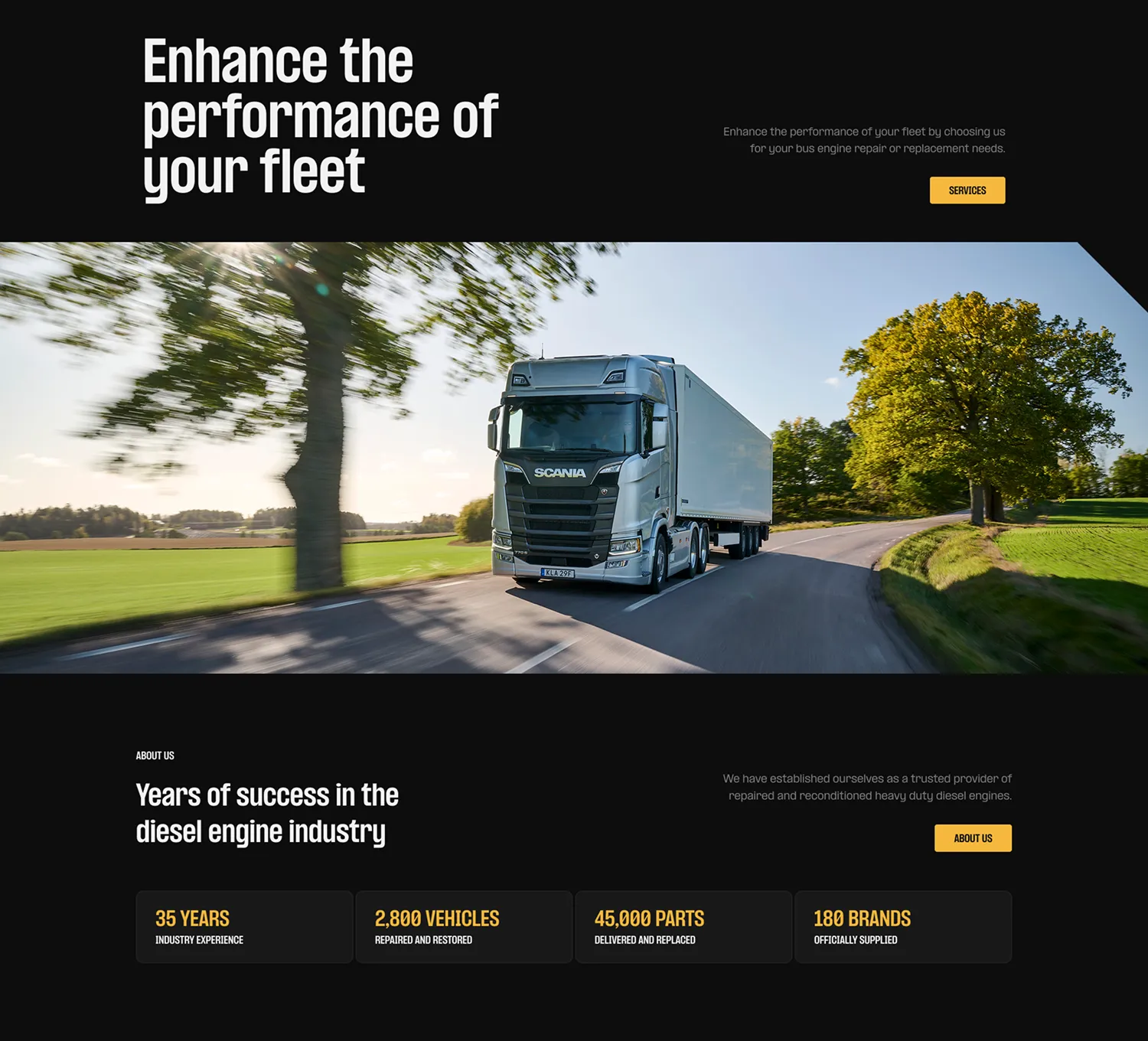 A screenshot of the foxwood diesel website homepage hero