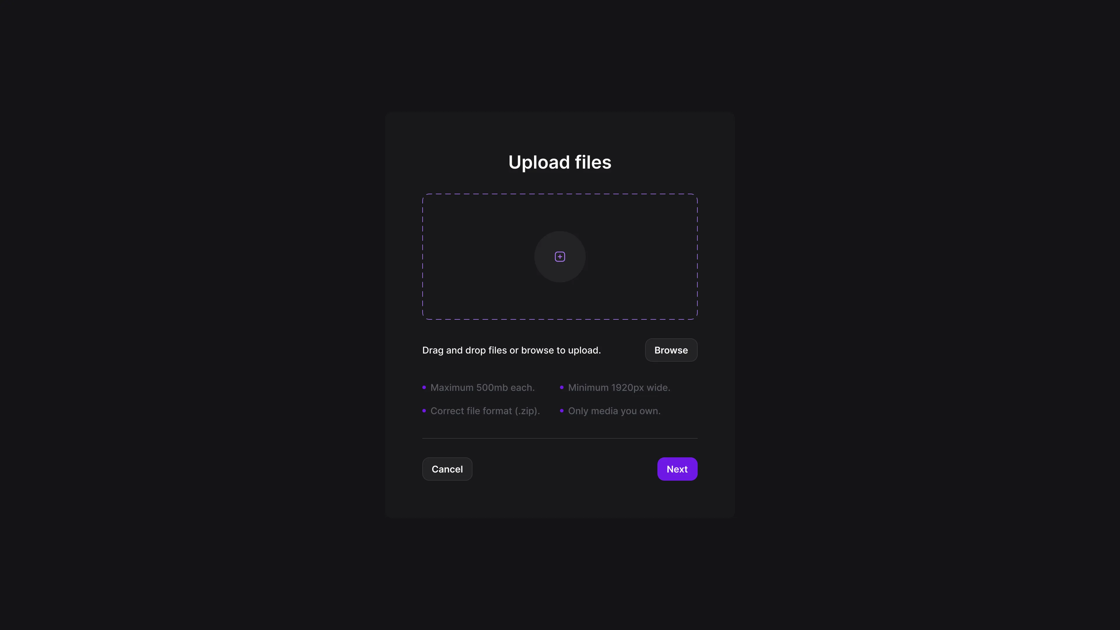Step 1 of upload showing option to add immersive room file